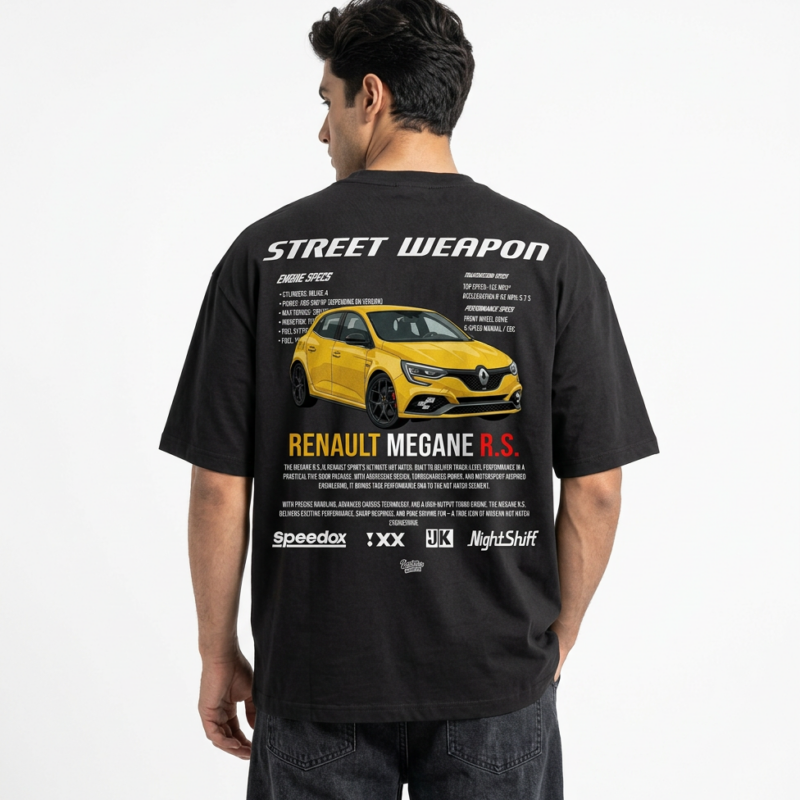 Koszulka oversize Renault Megane RS nadruk samochód sportowy czarna tył