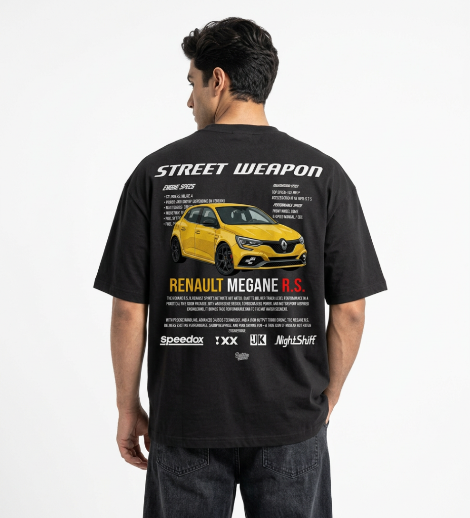 Koszulka oversize Renault Megane RS nadruk samochód sportowy czarna tył