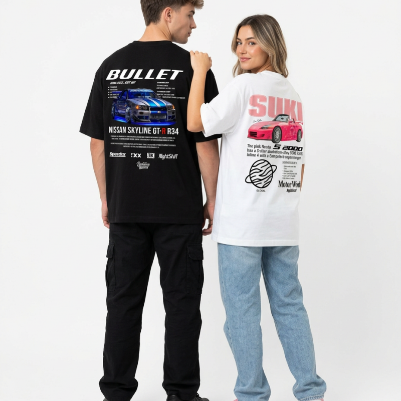 Koszulki matching oversize SUKI BULLET nadruk samochód sportowy biała czarna tył