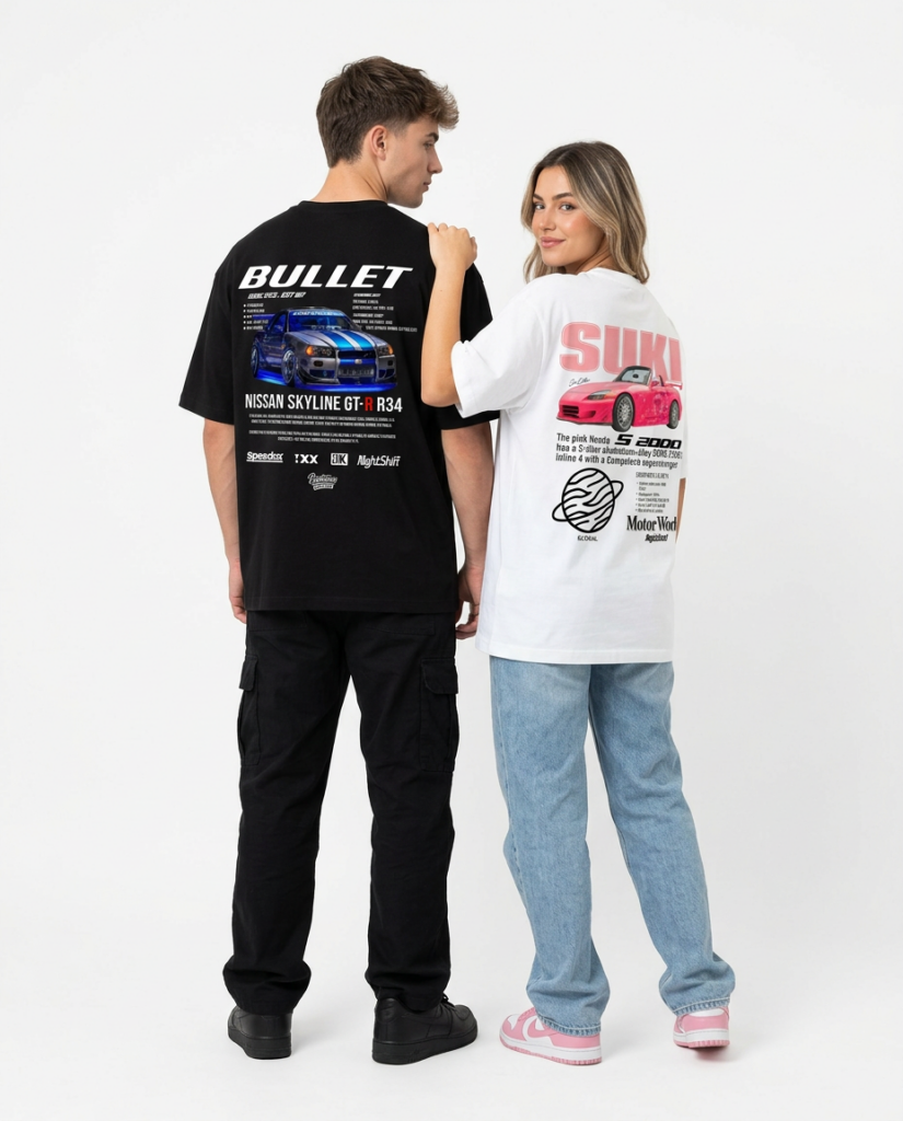 Koszulki matching oversize SUKI BULLET nadruk samochód sportowy biała czarna tył
