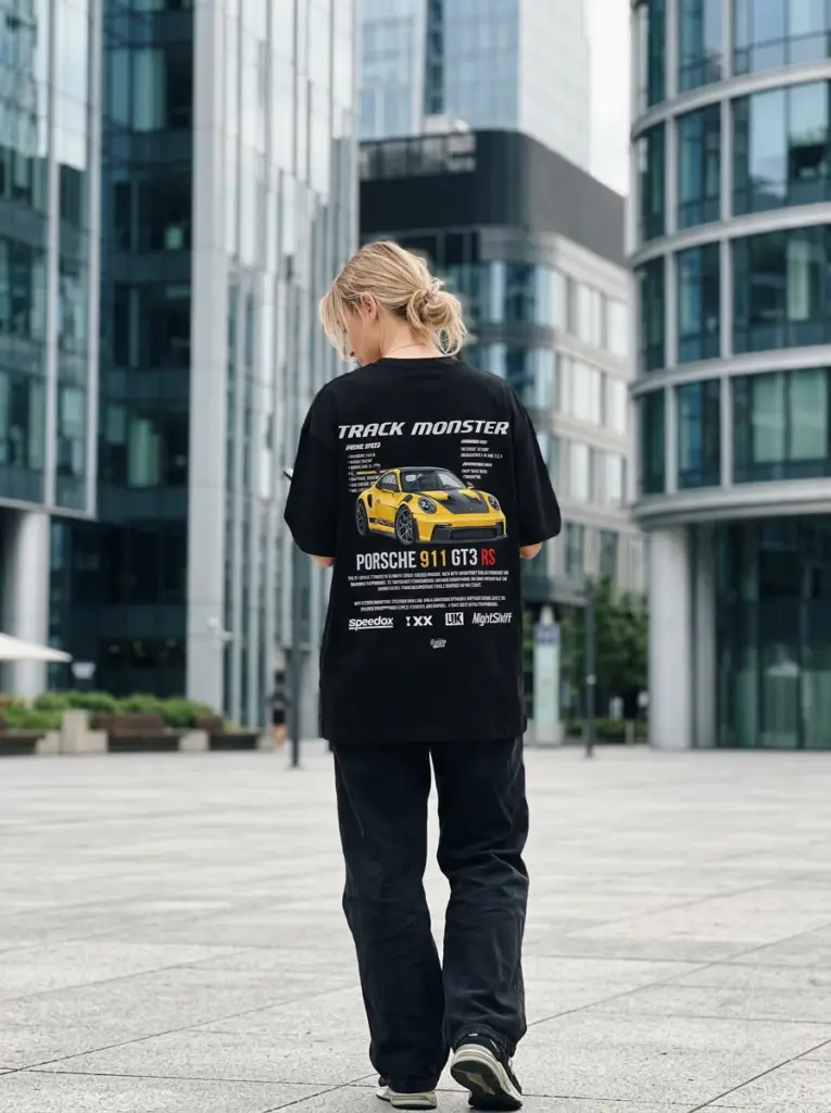 Koszulka oversize Porsche 911 GT3 RS nadruk samochód sportowy czarna tył