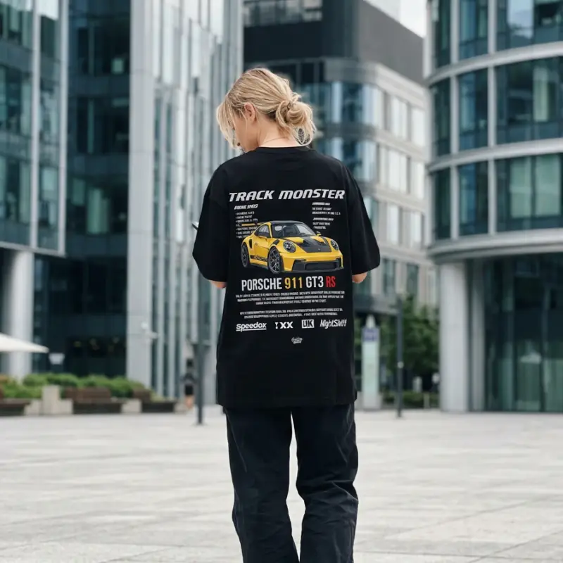 Koszulka oversize Porsche 911 GT3 RS nadruk samochód sportowy czarna tył