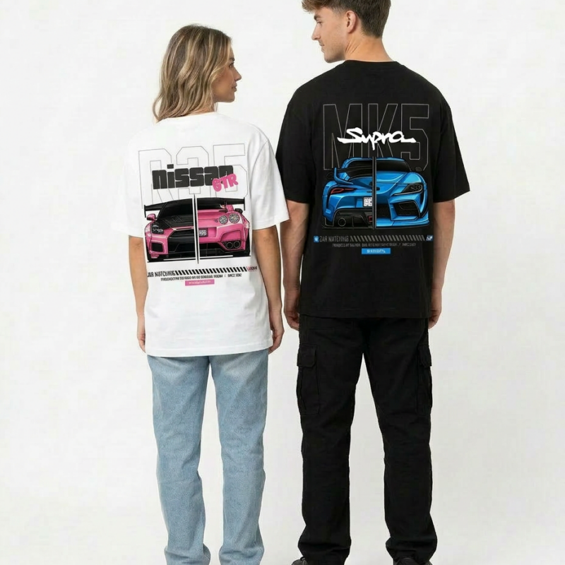Koszulki matching oversized Nissan Supra nadruk samochód sportowy biała tył