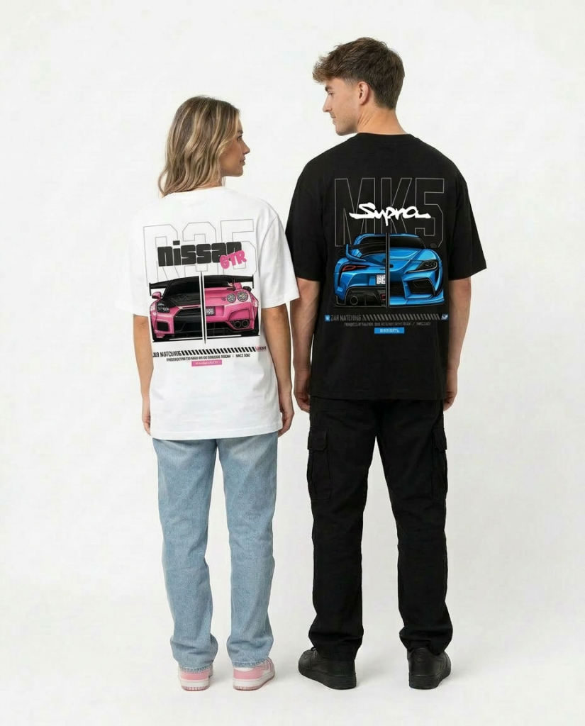 Koszulki matching oversized Nissan Supra nadruk samochód sportowy biała tył