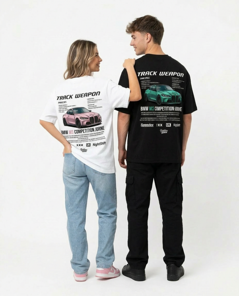 Koszulki matching oversize BMW M4 nadruk samochód sportowy biała czarna tył