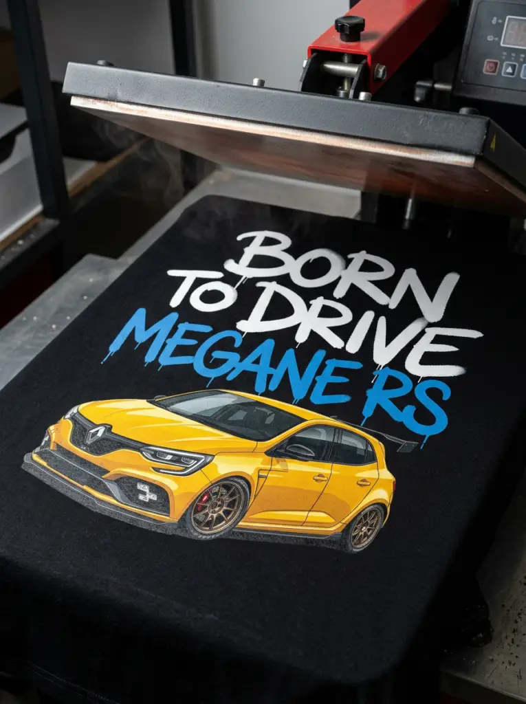 Czarna koszulka z nadrukiem żółtego Renault Megane RS i napisem Born to Drive na prasie do druku