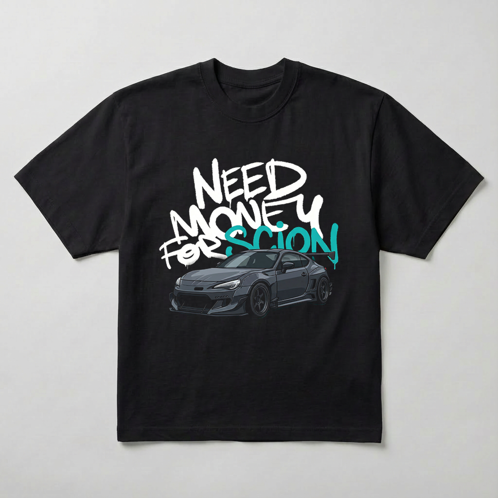 Koszulka oversize need money for scion nadruk samochód sportowy czarna przód