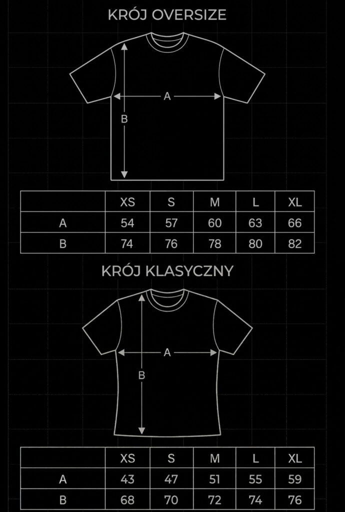 Tabela rozmiarów koszulek Cartee krój oversize i klasyczny wymiary t-shirtów