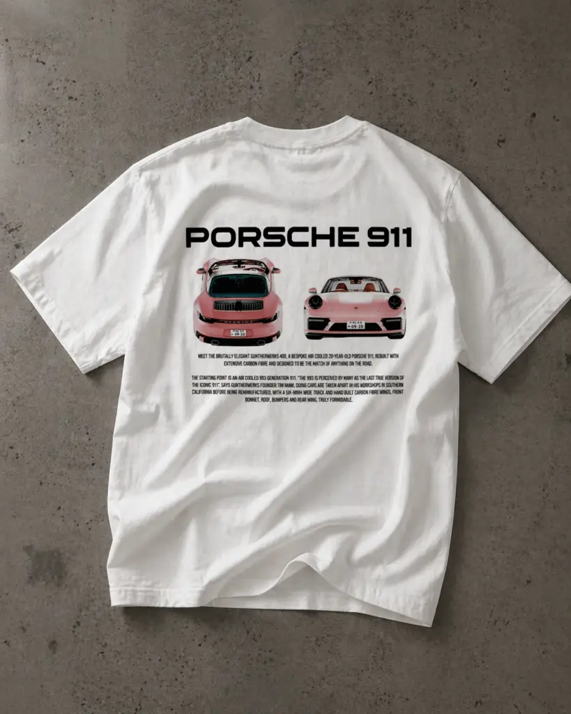 Biała koszulka z nadrukiem dwóch różowych Porsche 911 na plecach
