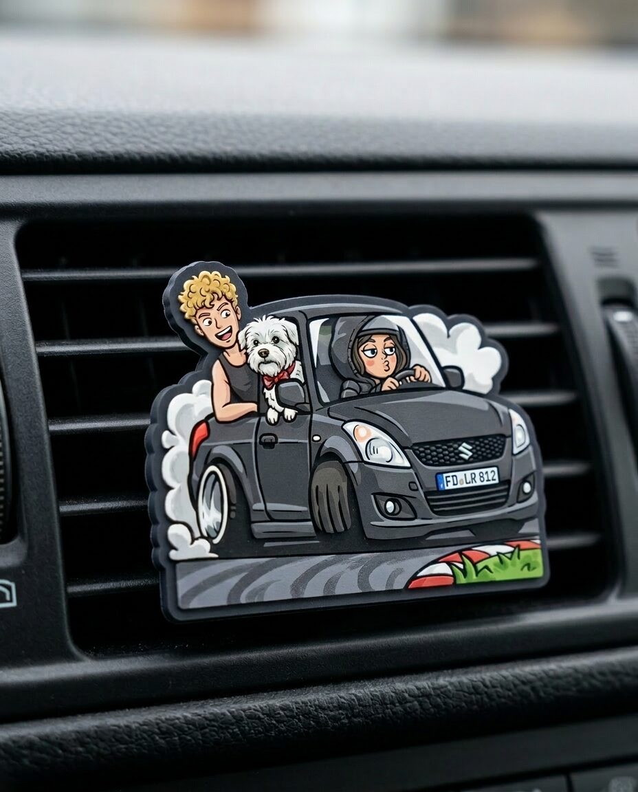 Personalizowany zapach do auta z grafiką cartoon Suzuki Swift pies i właściciele