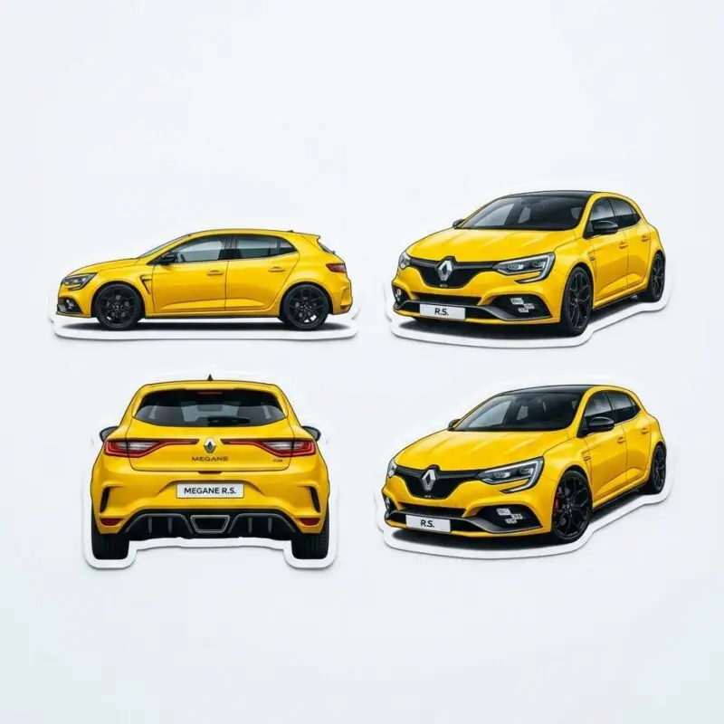 Zestaw czterech naklejek z żółtym Renault Megane R.S. w różnych ujęciach