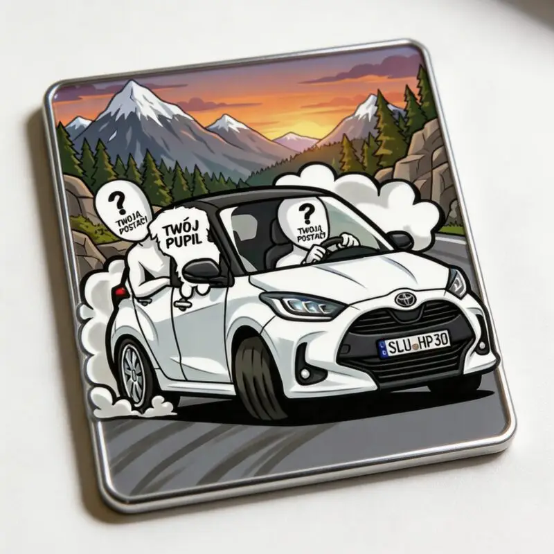 Magnes z rysunkową grafiką białej Toyoty Yaris w górach z miejscami na postacie