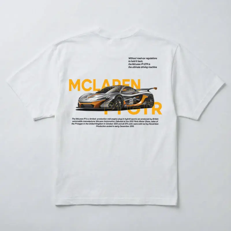 koszulka oversize McLaren P1 nadruk samochód sportowy biała przód