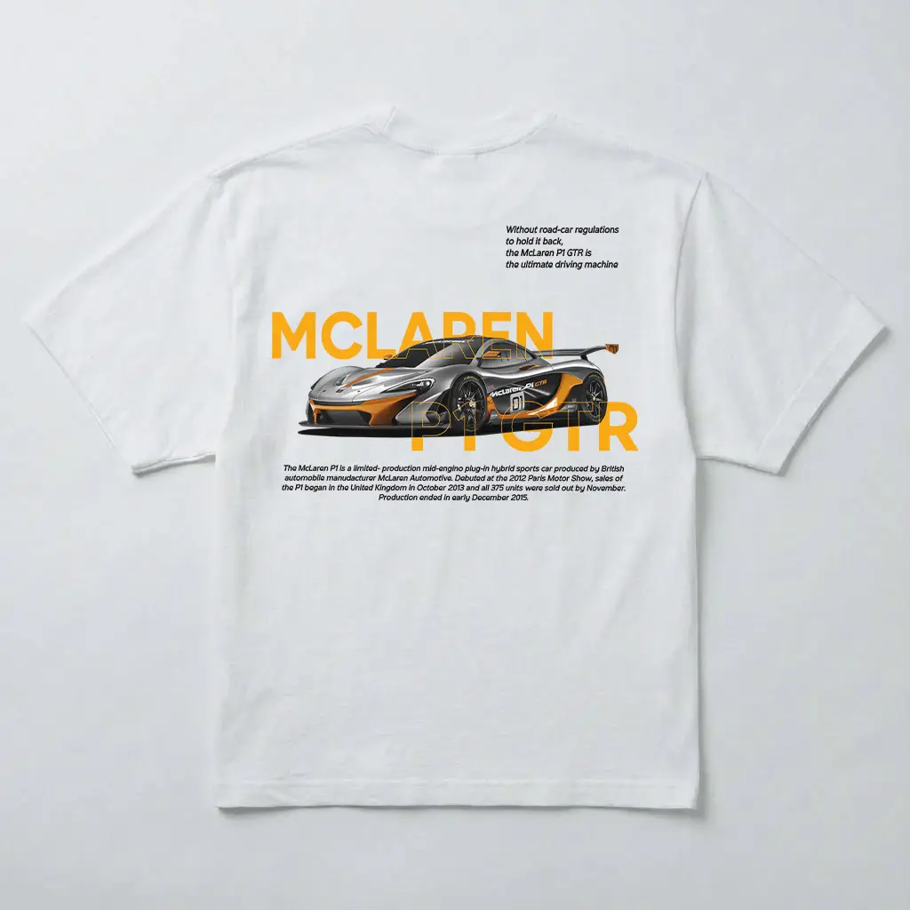 koszulka oversize McLaren P1 nadruk samochód sportowy biała przód