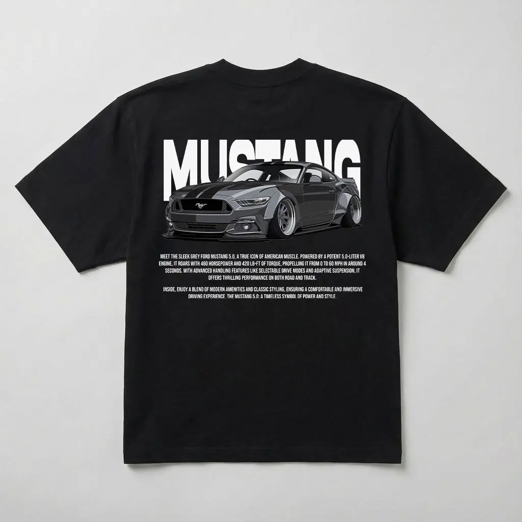 koszulka oversize mustang nadruk samochód na plecach czarna