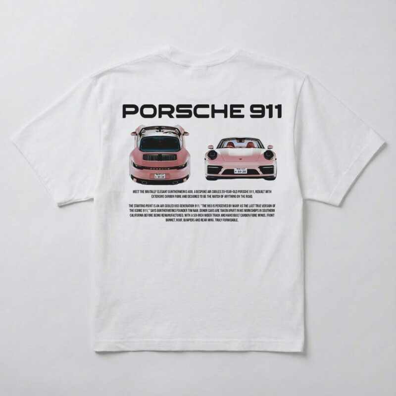 koszulka oversize porsche 911 nadruk samochód przód i tył biała