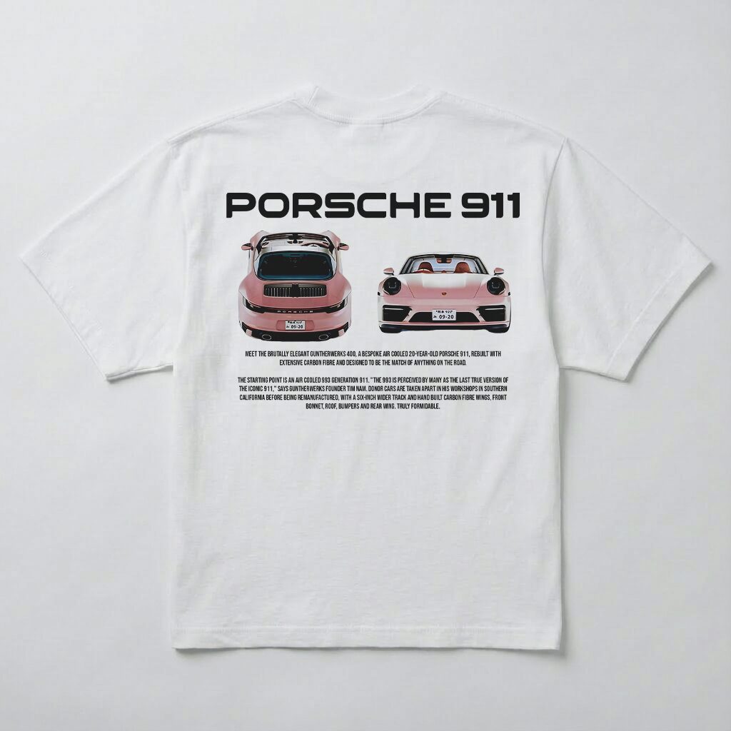 koszulka oversize porsche 911 nadruk samochód przód i tył biała