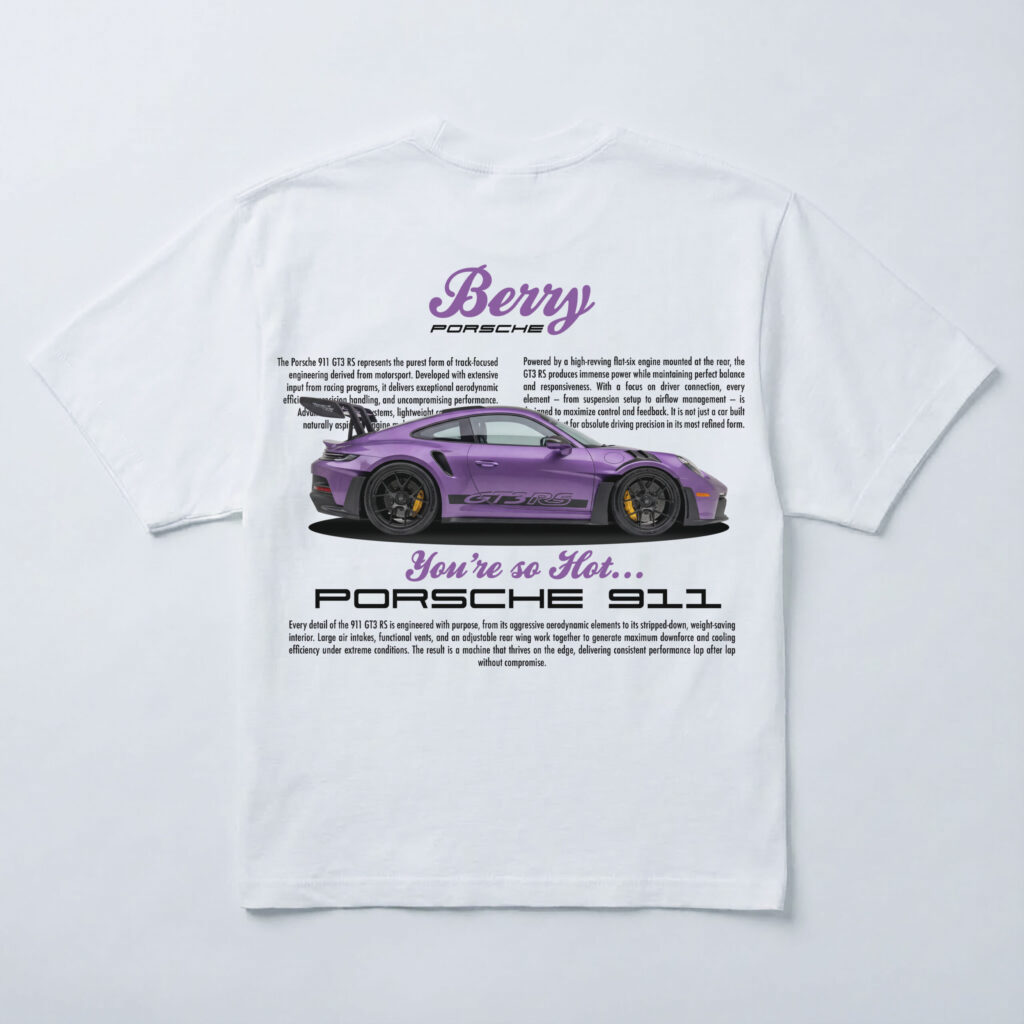 Biała koszulka motoryzacyjna oversize tył fioletowe Porsche 911 GT3 RS Berry
