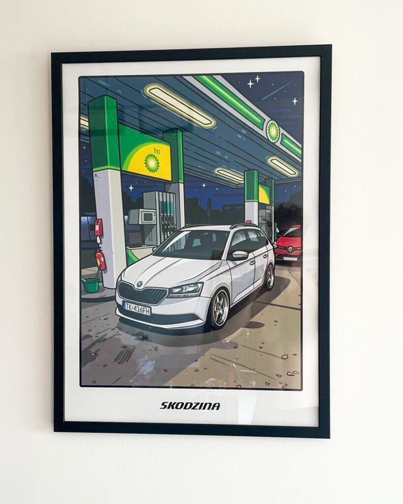 Personalizowany plakat motoryzacyjny w ramie Skoda Fabia na stacji benzynowej grafika na zamówienie
