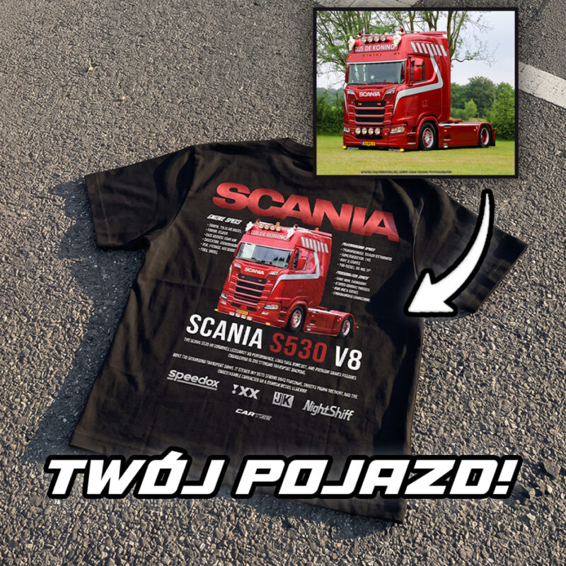 Czarna koszulka z nadrukiem czerwonej Scanii obok zdjęcia ciężarówki klienta – wizualizacja z oznaczeniem AI GENERATED.