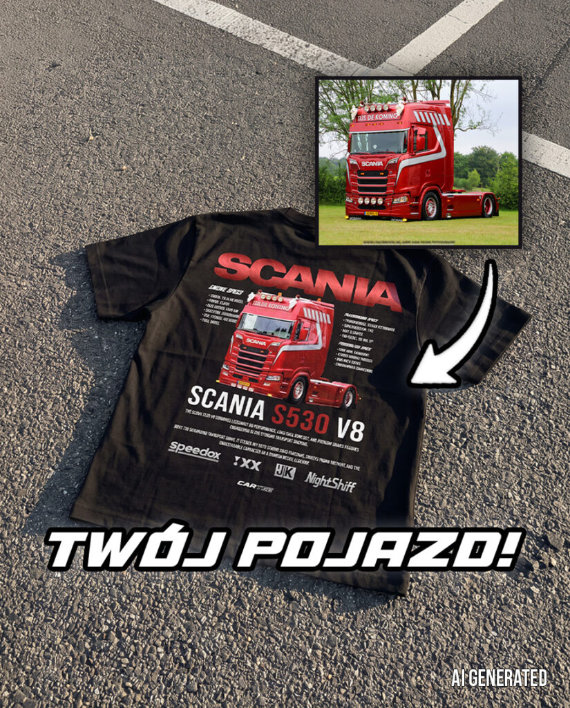 Czarna koszulka z nadrukiem czerwonej Scanii obok zdjęcia ciężarówki klienta – wizualizacja z oznaczeniem AI GENERATED.