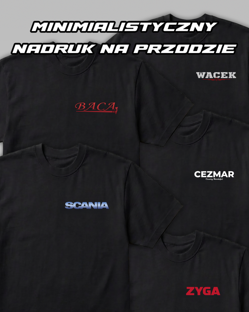 Przykłady napisów i logo na przodzie czarnych koszulek personalizowanych Cartee