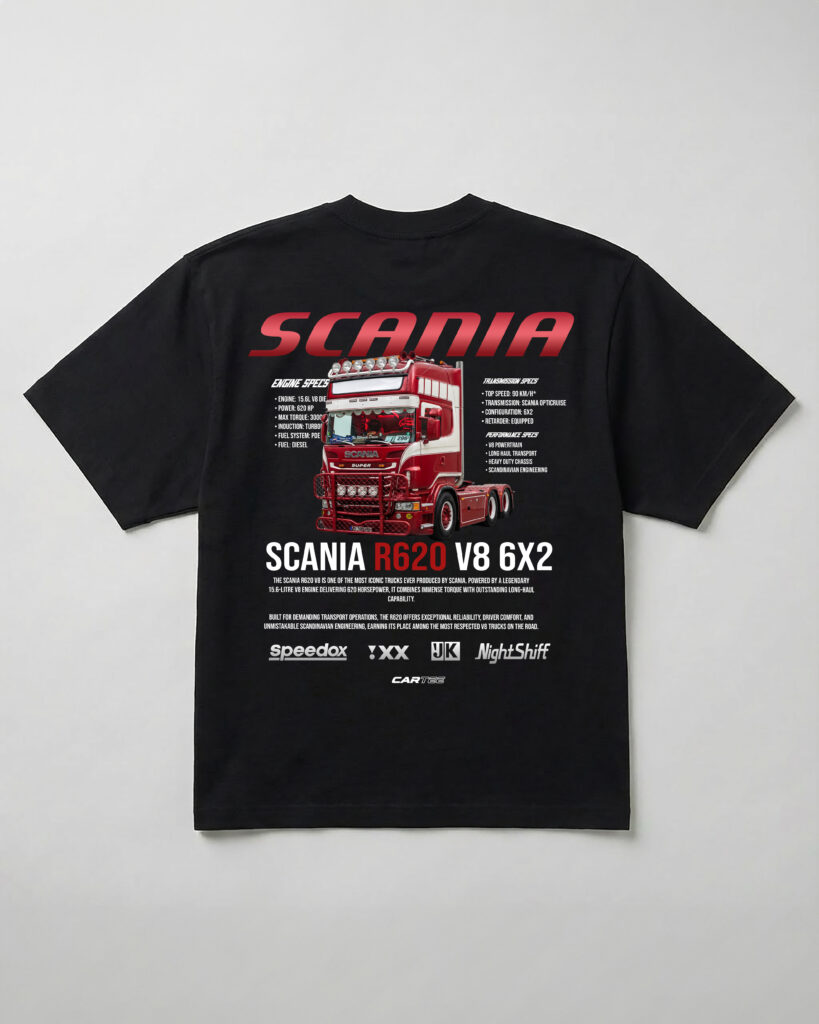 Czarna koszulka z projektem czerwonej Scanii R620 V8 6x2 z galerii Cartee