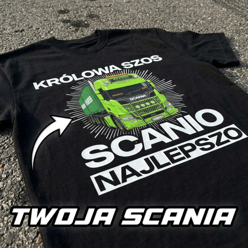 Czarna koszulka z nadrukiem zielonej Scanii i napisem Królowa Szos – personalizowana koszulka dla kierowcy tira
