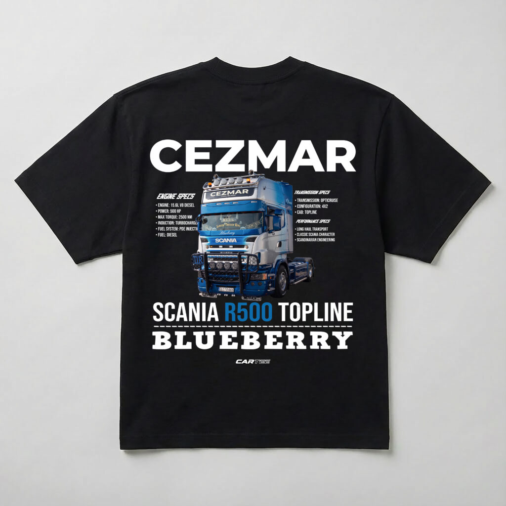 Czarna koszulka z nadrukiem niebieskiej Scanii R500 Topline i nazwą firmy transportowej – prezent dla kierowcy zawodowego