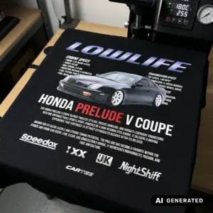 Czarna koszulka z nadrukiem Hondy Prelude V Coupe i danymi technicznymi auta, leżąca przy prasie termotransferowej