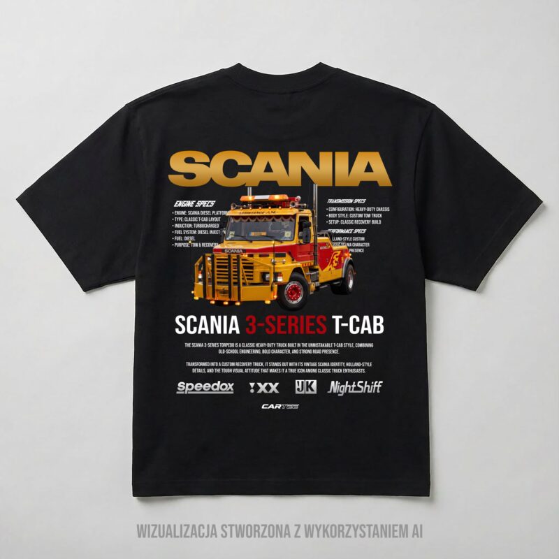 Czarna koszulka oversize z nadrukiem żółto-czerwonej Scanii 3-Series T-Cab na plecach
