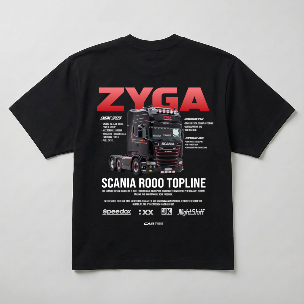 Czarna koszulka oversize z nadrukiem ciężarówki Scania R Topline i specyfikacją techniczną – personalizowany prezent dla kierowcy tira