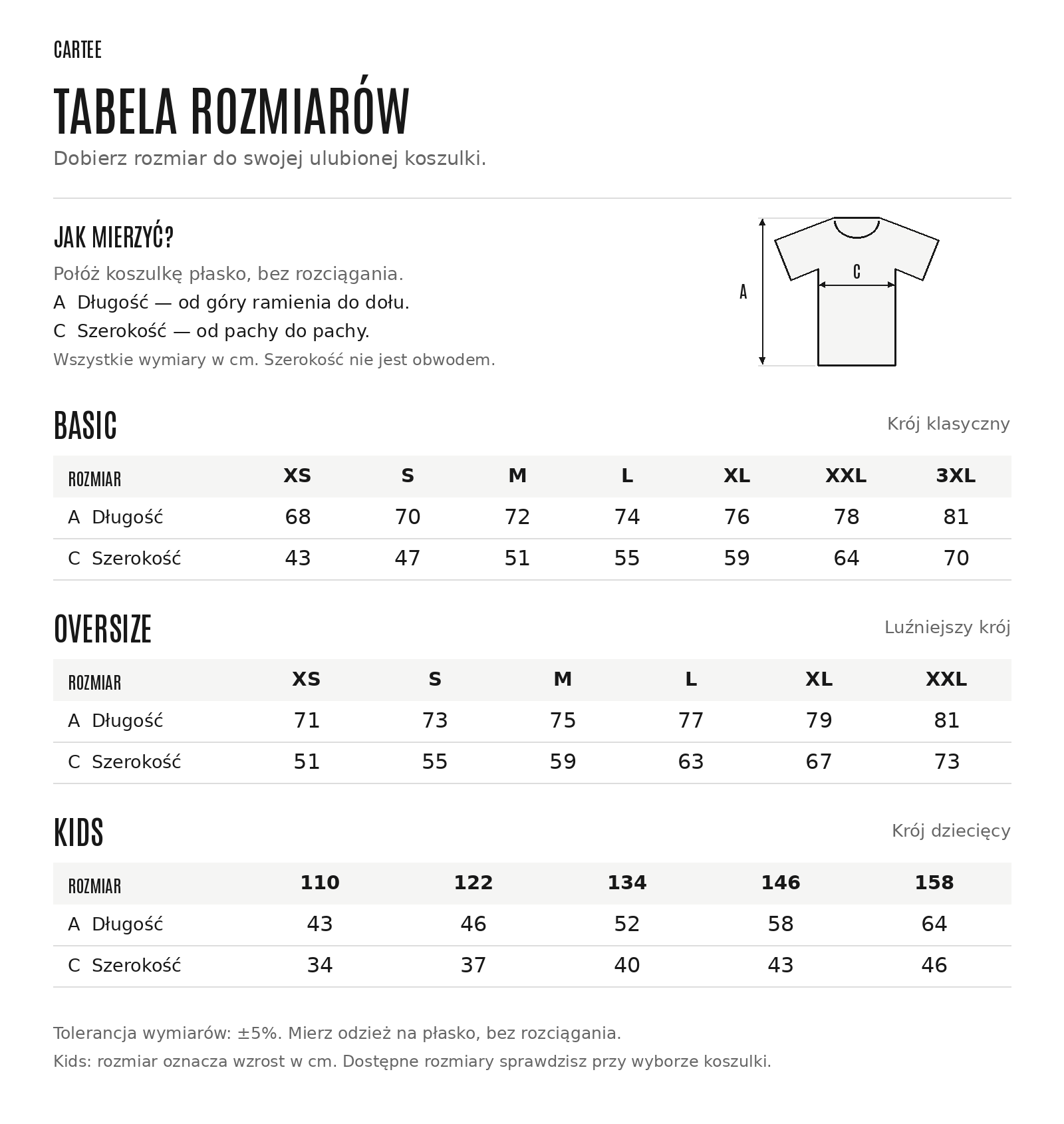 Tabela rozmiarów Cartee — Basic XS–3XL, Oversize XS–XXL i Kids 110–158