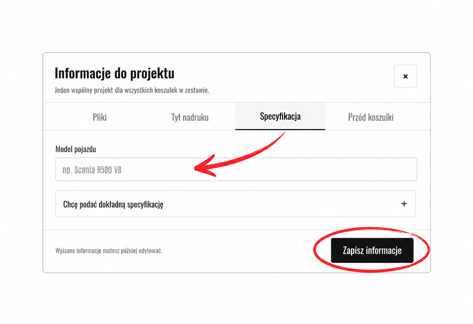 Zakładka Specyfikacja z polem Model pojazdu oraz zaznaczonym na czerwono przyciskiem Zapisz informacje.