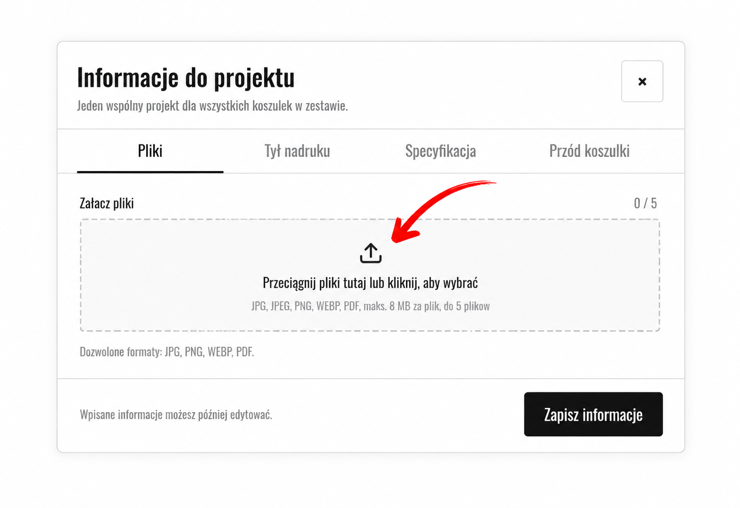 Okno Informacje do projektu, zakładka Pliki. Czerwona strzałka wskazuje pole do załączenia zdjęcia pojazdu.